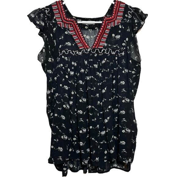 Ulla Johnson Anosha Blouse 100% Silk Ruffle Cap Sleeve Floral Print Black 0 - Picture 2 of 5